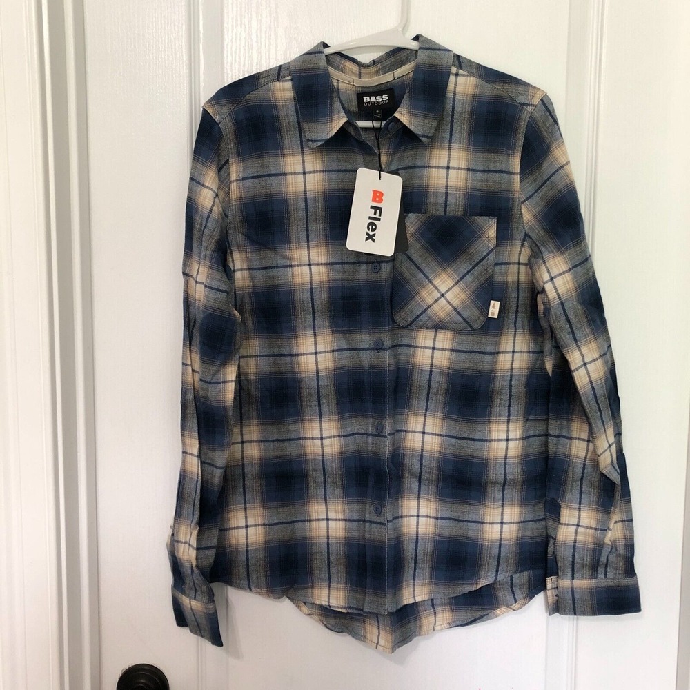 Bass Outdoor B Flex Mens Small Blue Plaid Flannel Button Down Shirt BA32C570 NWT